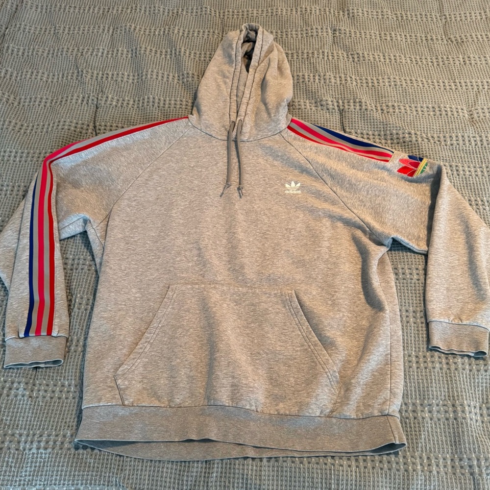Adidas Heather Gray Hoodie with Red and Blue Accents